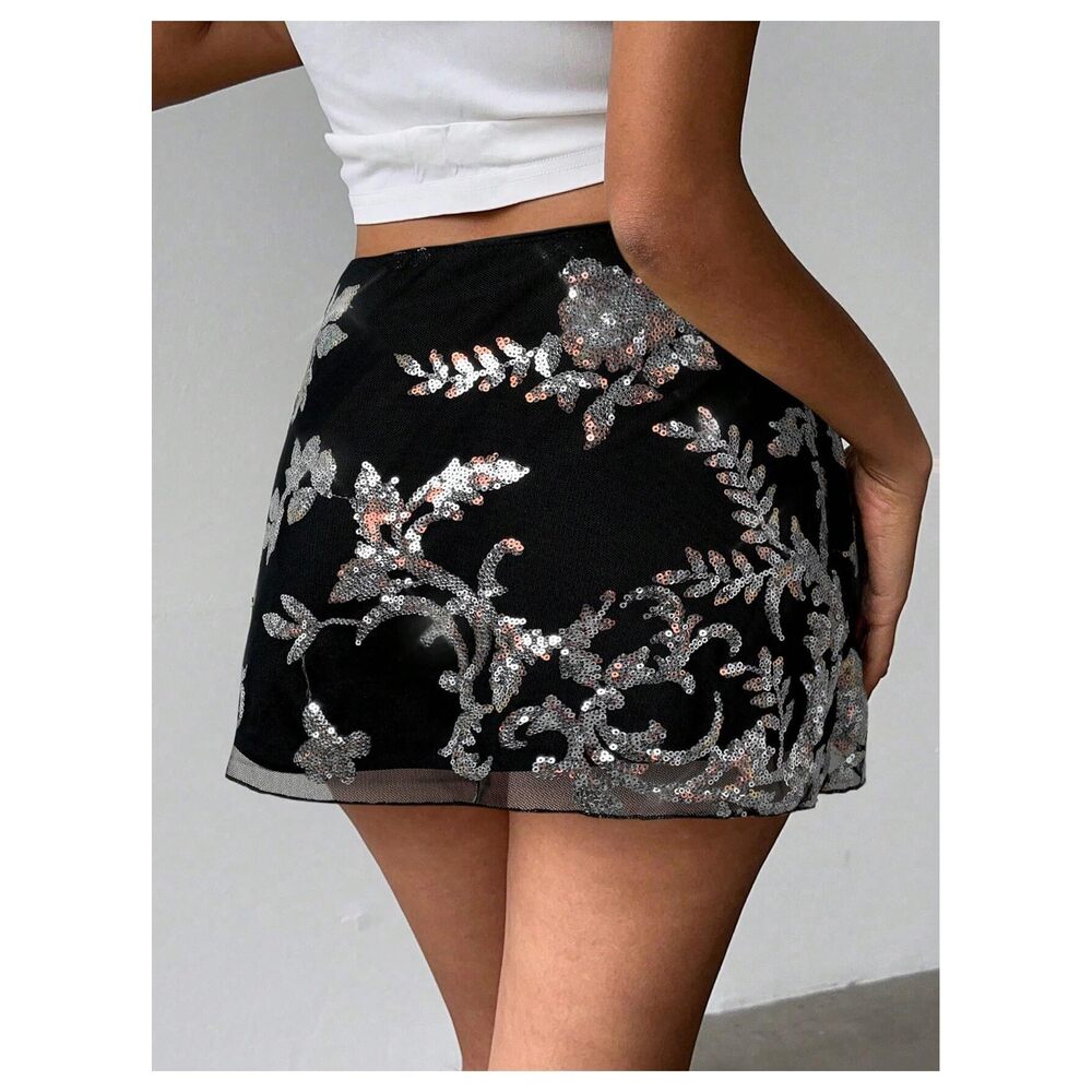 9075 Sequin Skirt Summer Floral Mesh Glitter Sparkly Mini Skirt Black Small - Picture 2 of 6